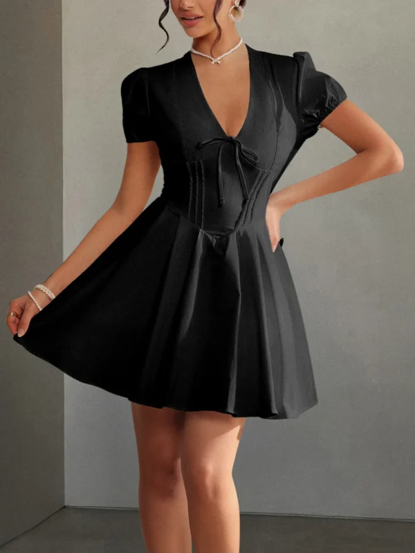 Party Evening Dress V-Neck Half Length Skirt Women's Dress Summer V-Neck Waist Bubble Sleeves A-Line Solid Color Dress - Image 5