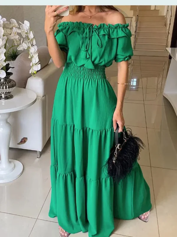 2025 Summer Solid Boho Dress Women Fashion Elegant Beach Party Dress Casual Slash Neck Office Maxi Dresses For Woman Robe Femme - Image 2