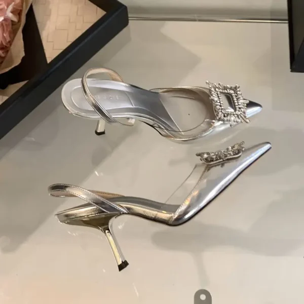 2025 High-heeled Shoes With Female Pointed Toes, Niche Temperament, Slim Heel, Rhinestone Square Buckle, And Rear Strap
