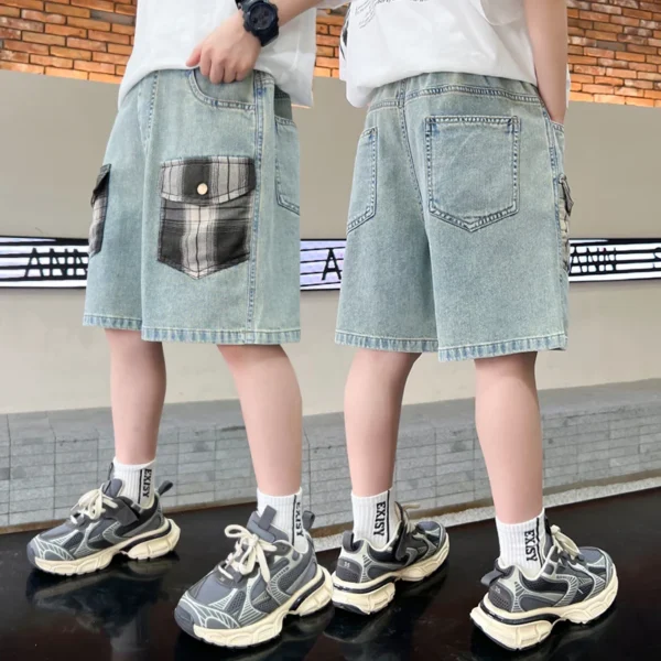 2025 New Kids Child Unique Designer Summer Denim Shorts with Plaid Pocket for Teens Boy Casual Jeans Cargo Shorts 5 7 9 11 13 14