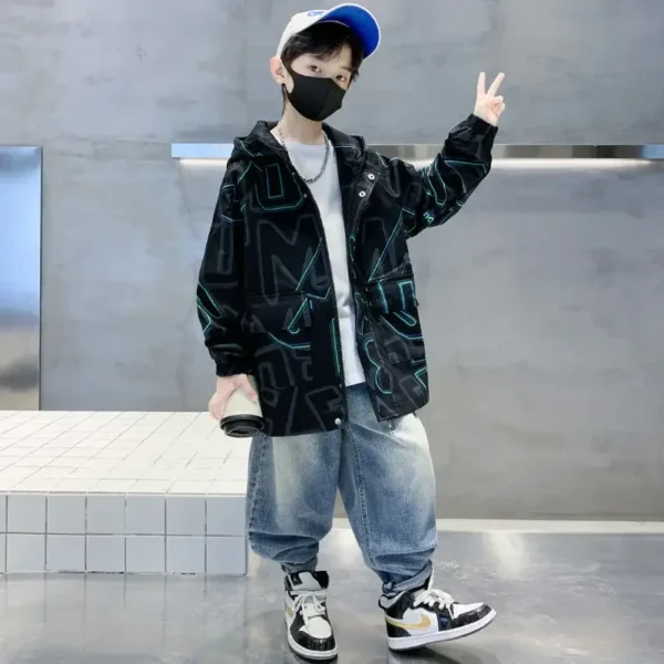 5-14 Years Fashion Windbreaker Jackets Spring Autumn Coats Teens Big Boys Clothes Hooded Jacket Solid Print Children Outwear - Image 4