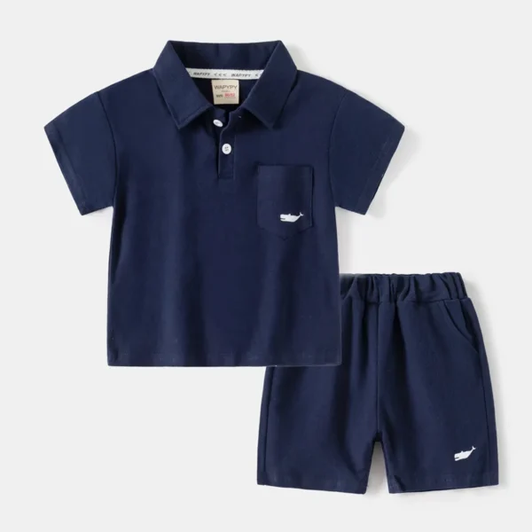 Children's Short Sleeve Set 2025 Summer New Korean Edition Boys' Solid Color Polo Shirt Top Five Leg Pants Two Piece Set Wholesa - Image 4