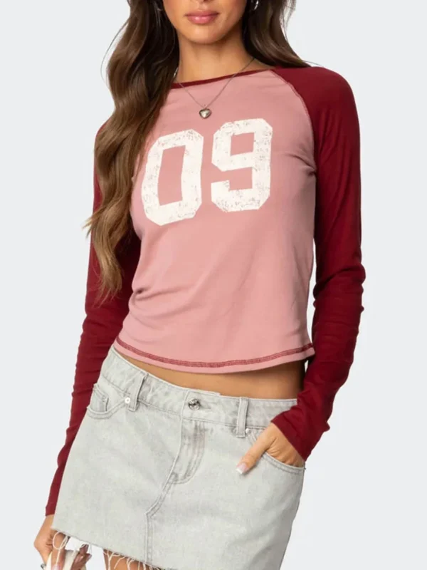 Womens Graphic Fall T-Shirt Slim Number Print Raglan Long Sleeve Round Neck Crop Shirt Casual Teen Girls Tee Pullover Streetwear - Image 5