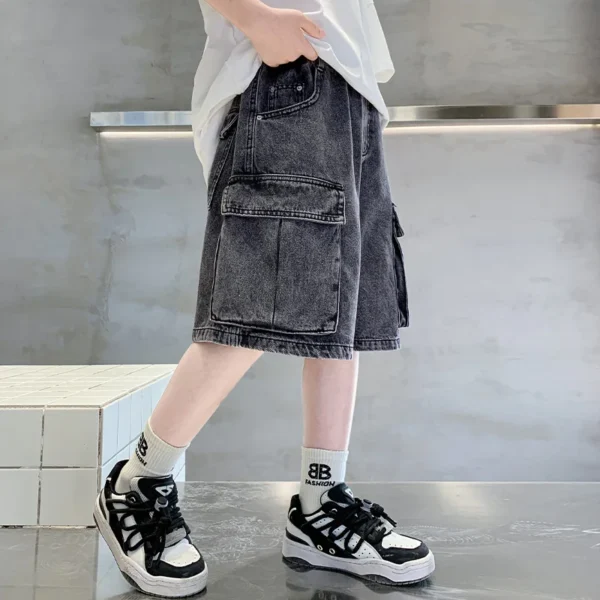 Loose Style Child Casual Black Denim Cargo Shorts With Big Pocket for Boys Elegant Summer Solid Short Baggy Jeans For Kids Teens - Image 4