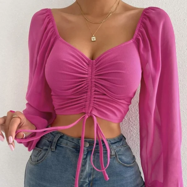 Sexy Mesh Lantern Sleeves Drawstring Wrap Chest Bare Midriff T Shirt Women Long Sleeves Bottoming Shirt Ladies Tee Shirt Tops