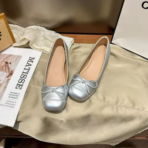 2025 New Gold Silver Elegant Bowknot Round Toe Women's Flat Comfort Slip-On Ladies Ballerina Single Mules Shoes Zapatos Mujer - Image 6