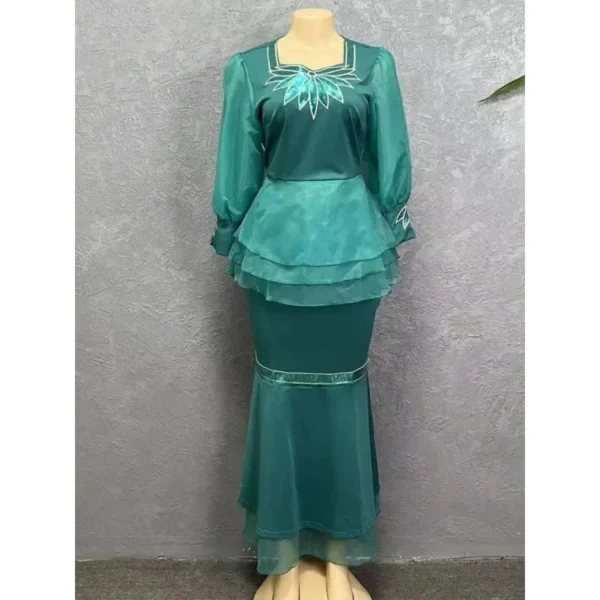 African Women Ruffle Hem Two Pieces Set Formal Elegant Peplum Tops Tulle Puff Sleeve Mermaid Skirt Evening Party Cerebrity Suits - Image 4