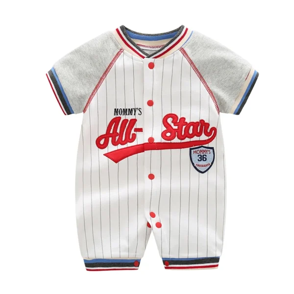 Baby One-Piece Clothes, Pure Cotton, 100-Day Baby Summer Clothes, Men's Short-Sleeved Outings, Handsome and Trendy Thin Baseball Uniforms