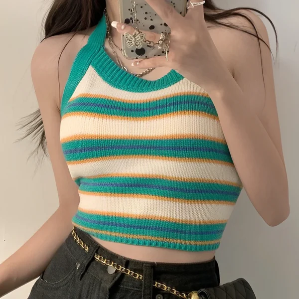Women Stripes Crop Tops Knitted Halter Y2K Tops Backless Bandage Strappy Sexy Crop Tops Chest Wrap Beach Camisole Streetwear - Image 2