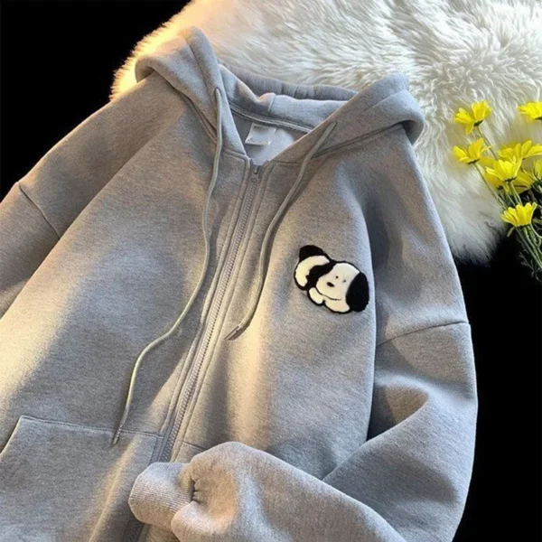 Gray Cartoon Puppy Printed Sweatshirts Zip Up Oversized Hoodies