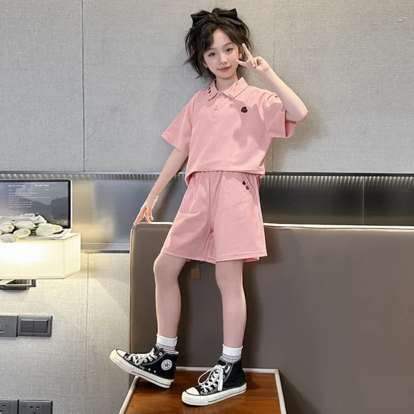 Korean Fashion Girls Summer Clothing Sets Short-Sleeve Polo Shirts and Shorts with Heart Embroidery Two Pieces Kids Costume Suit - Image 2