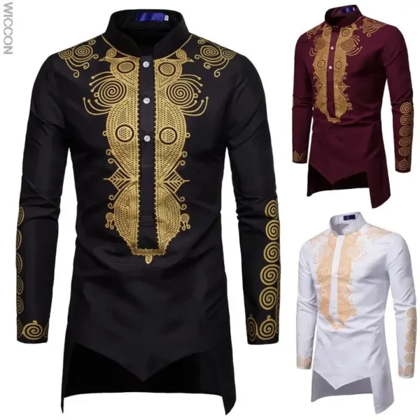 Ramadan men's long sleeve shirts fashion Muslim straight mid length printed T-shirts slim African clothing men's tops - Image 2