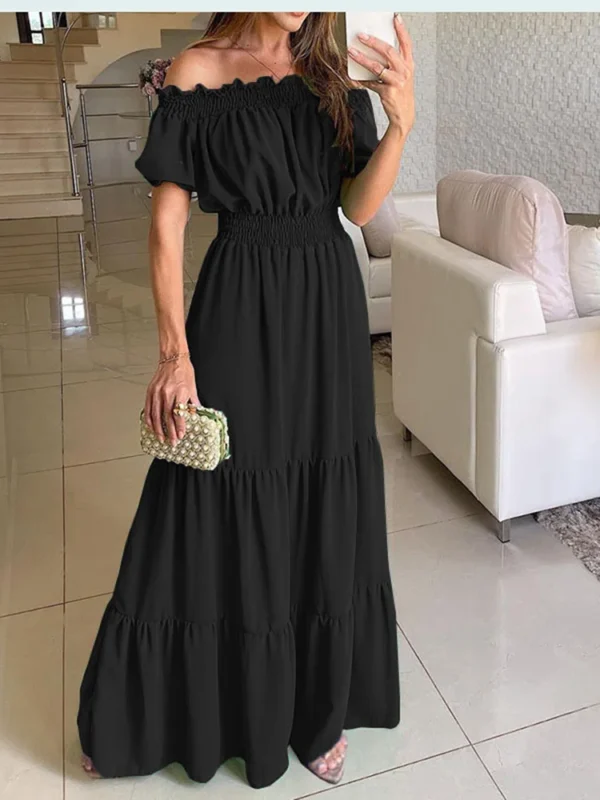 2025 Summer Solid Boho Dress Women Fashion Elegant Beach Party Dress Casual Slash Neck Office Maxi Dresses For Woman Robe Femme - Image 3
