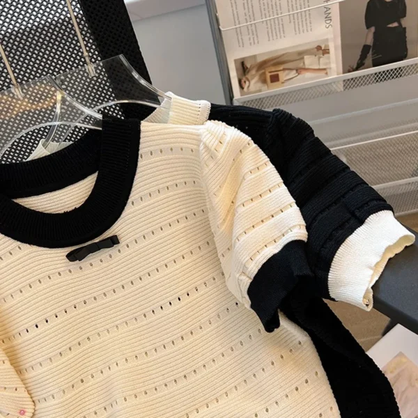 Summer Sweet Hollow Out Knitted T-shirt Women Contrast Color Round Neck Short Sleeve Crop Top - Image 3