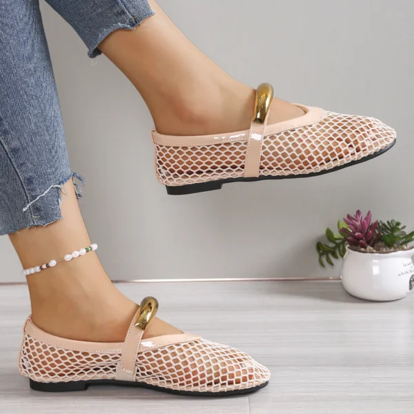 Women Mesh Ballet Flats Sandals Fishnet Ballerina Flats Buckle Strap Slip on Sandals Ballerina Round Toe Ballet Shoes for Women - Image 6