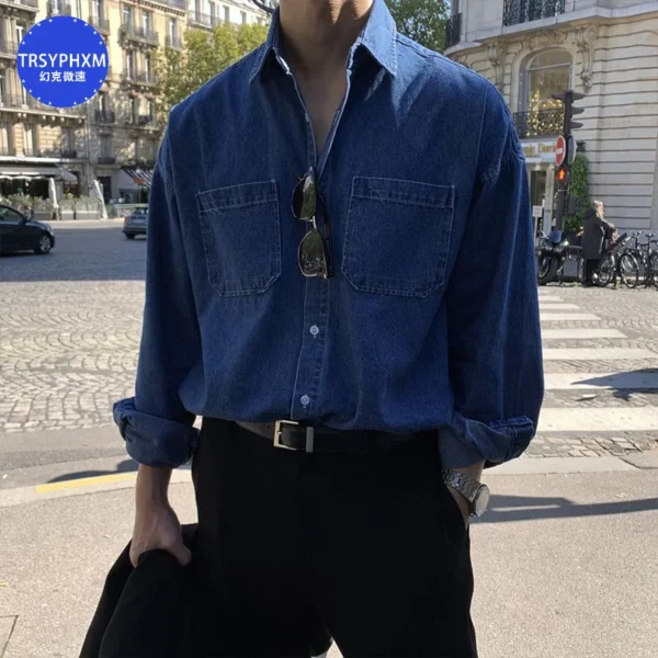 TRSYPHXM new Blue men's denim long sleeved shirt for a high-end look, paired with a British yuppie shirt and autumn coat - Image 4