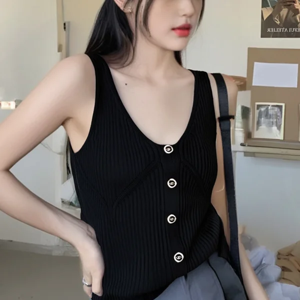 V-Neck Metal Single-Breasted Design Sleeveless Camisole Women Solid Color Casual Summer Tops