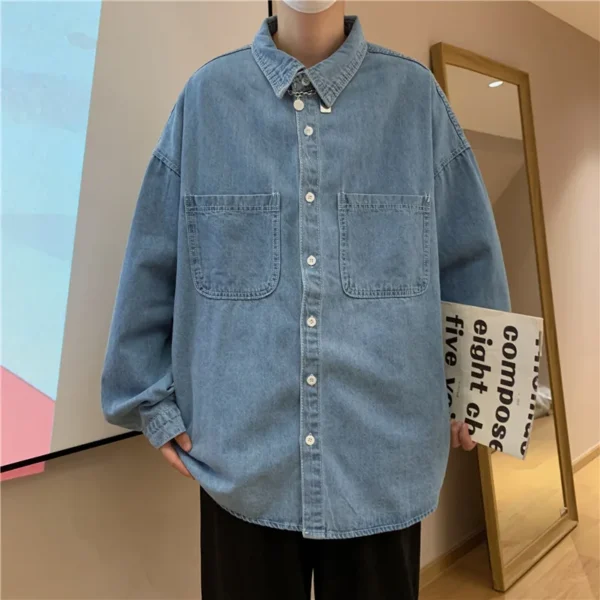 Denim long sleeved shirt men's solid color autumn Korean version trendy simple shirt Hong Kong style loose jacket - Image 6