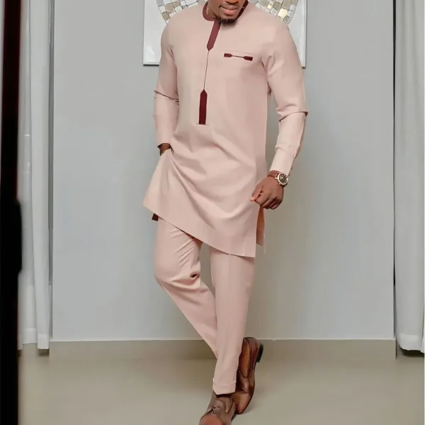 African Clothes for Men Autumn African Men Long Sleeve O-neck Solid Color Two Pieces Sets Top and Long Pant African Suit M-4XL - Image 3