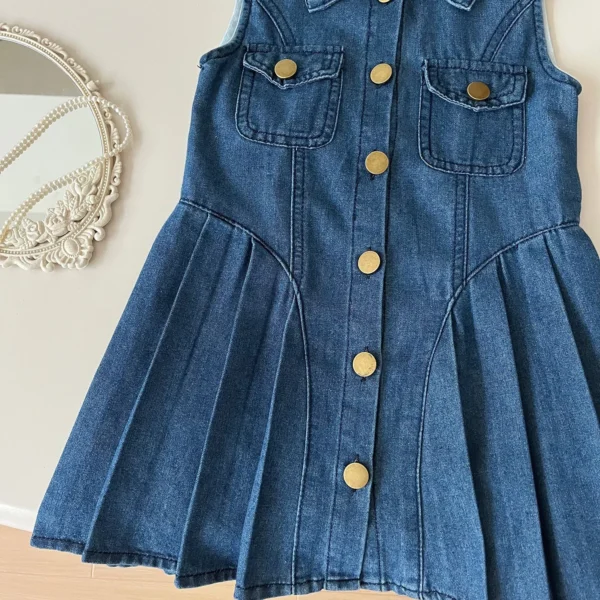 2025 Summer New Korean Version Girls Sleeveless Denim Slim-fitting Breasted Dress Girls Temperament Children's Skirt - Image 3