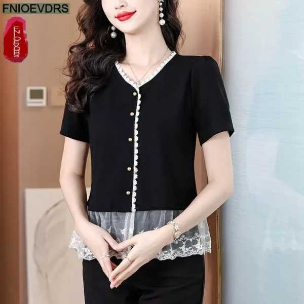 Office Shirts Basic Wear New Design 2025 Women Elegant Fashion Work Lady Summer Short Sleeve Black Lace Peplum Tops Blouses - Image 4