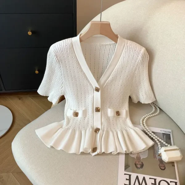 French Elegant Peplum Knit Blouse Women Summer V Neck Lace Hem Short Sleeve White Button Shirt Chic Slim Fit Office Lady Tops