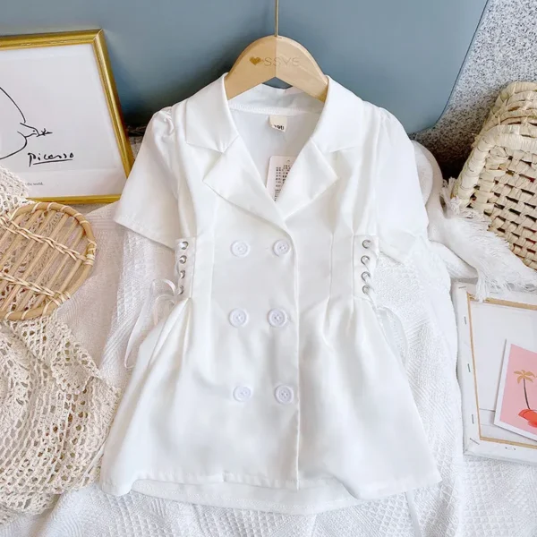 Fashion Children Girls Dress 2-8Years Teen Kids Solid Color Short Sleeve V-Neck Bandage Waist Jacket Mini Dresses Blazer Clothes - Image 2