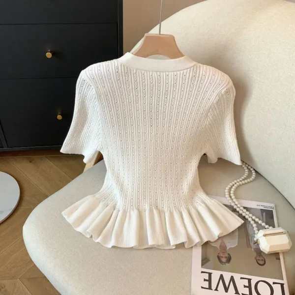 French Elegant Peplum Knit Blouse Women Summer V Neck Lace Hem Short Sleeve White Button Shirt Chic Slim Fit Office Lady Tops - Image 6