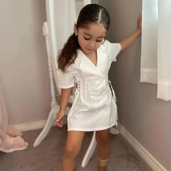 Fashion Children Girls Dress 2-8Years Teen Kids Solid Color Short Sleeve V-Neck Bandage Waist Jacket Mini Dresses Blazer Clothes - Image 6