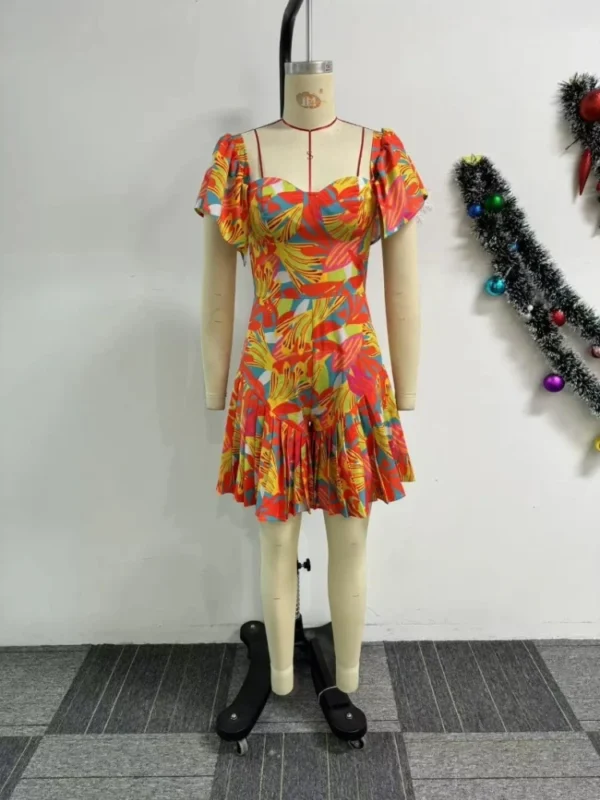 2025 Low Cut Short Sleeve Pleated Ruffles Printing Sexy Playsuit Women Short Jumpsuit Fashion Bodycon Elegant Summer Playsuit - Image 5