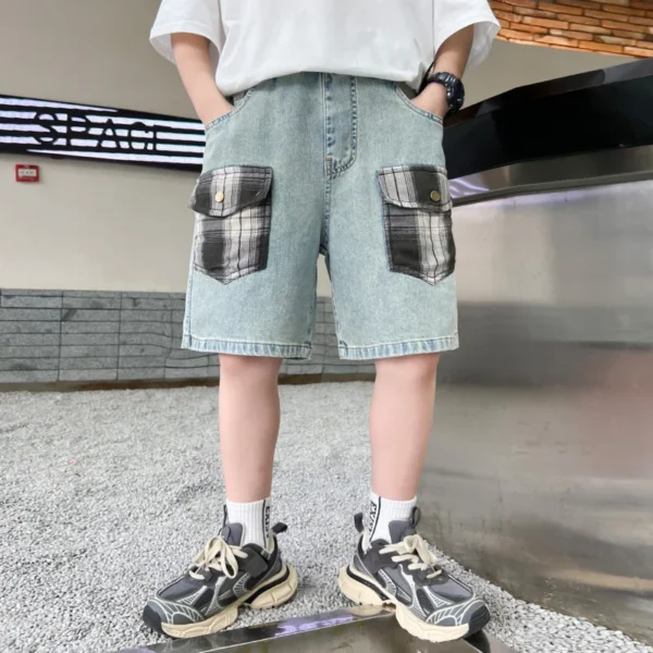 2025 New Kids Child Unique Designer Summer Denim Shorts with Plaid Pocket for Teens Boy Casual Jeans Cargo Shorts 5 7 9 11 13 14 - Image 4
