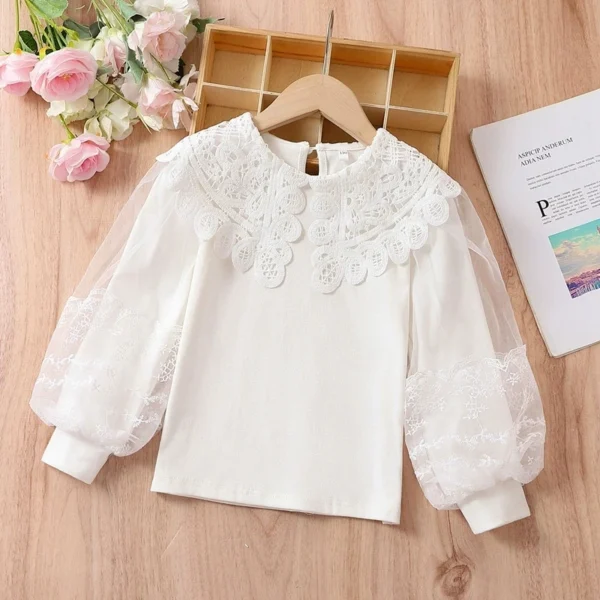 2025 Girls White Cotton T-Shirt Bubble Sleeve Blouse Floral Lace Collar Top Spring Layering Tee Princess Pure White Kids Shirt