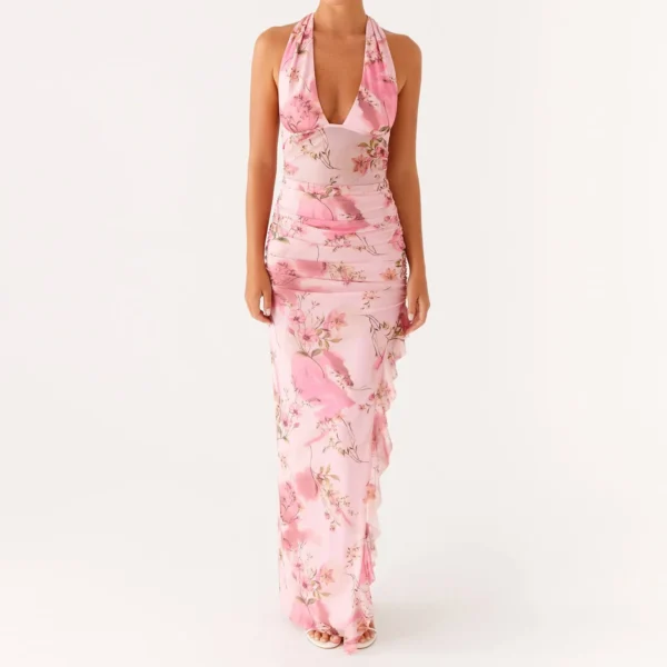 Womens Floral Slip Dress Sexy Spaghetti Strap Backless Maxi Dress Slim Fit Long Dress Flowers Print Bodycon Dress - Image 3