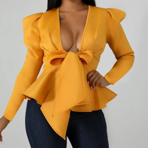 Women Peplum Blouse Tops Club Waist Belt Bowtie Half Sleeves Deep V Neck Sexy Party Clubwear Night Date Out Evening Bluas Ladies - Image 2