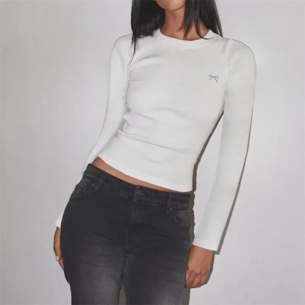 Women Y2K Crop Tops Long Sleeve Ribbed Knit Shirts Cute Bow Embroidery Tee Shirts Teen Girls Slim Fitted Baby Tees - Image 5