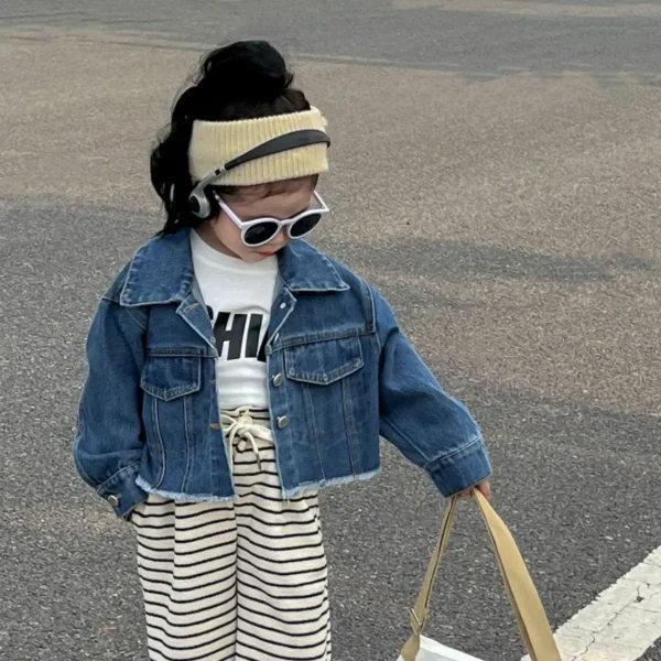 2024 Spring New Korean Version Children Clothing Girl Fashionable Short Denim Shirt Baby Fur Edge Single Breasted Jacket