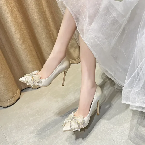 Women's High Heels Stiletto 2022 New Fashion Temperament Bow Rhinestone Pointed Wedding Shoes Bride Designers Shoes Party Shoes - Image 2