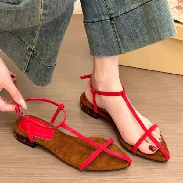 Women Sandals 2025 New Fashion Narrow Band Flat Heel Sandals Pointed Toe Ankle Buckle Gladiator Shoes Ladies Sandalias De Mujer