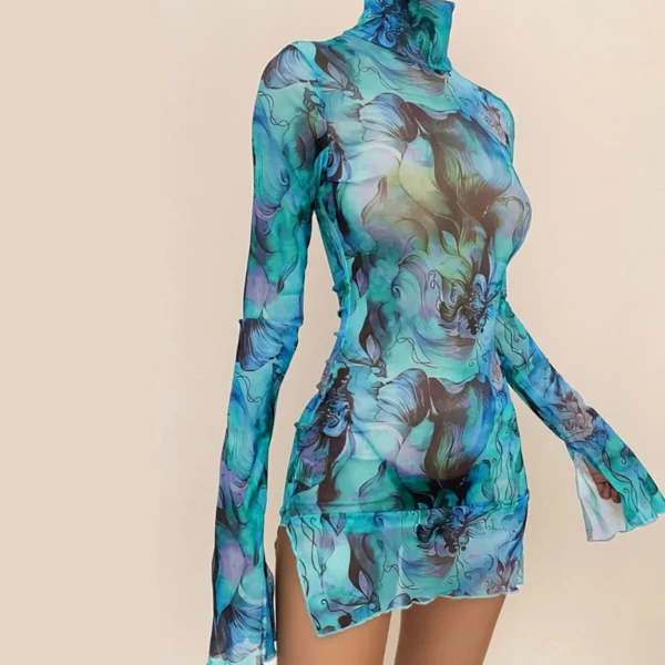 BWQ Ladies Mesh Printed Vintage Dress High Street Slim Elastic Bodycon Party Dress Round Neck Bell Sleeve Side Open Hip Dresses