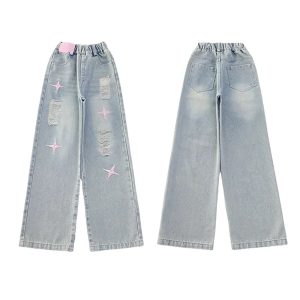 Fashion Stylish Children Straight Fit Ripped Jeans with Star Embroidery for Teens Girls Casual Slim Broken Hole Denim Pants 5-14 - Image 3