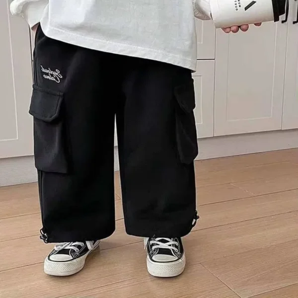 Black/grey Sweatpants Teen Boys Handsome Loose Straight Wide Leg Pants Streetwear Joggers Boys Pocket Casual Pants 2-12 Y - Image 2