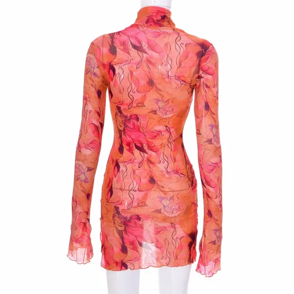 BWQ Ladies Mesh Printed Vintage Dress High Street Slim Elastic Bodycon Party Dress Round Neck Bell Sleeve Side Open Hip Dresses - Image 4
