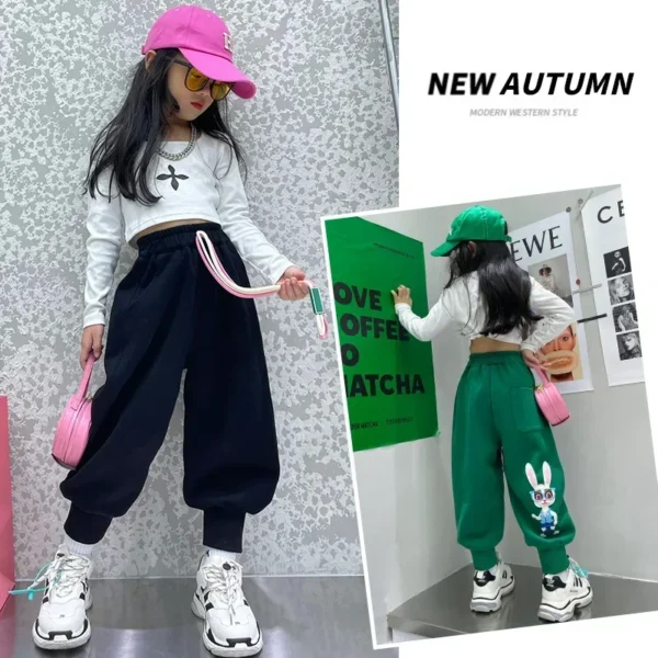 Girls Clothes Spring Autumn Casual Pants Cotton Jogger Pants Cartoon Rabbits Design Children's sweatpants Elastic waist trousers - Image 2