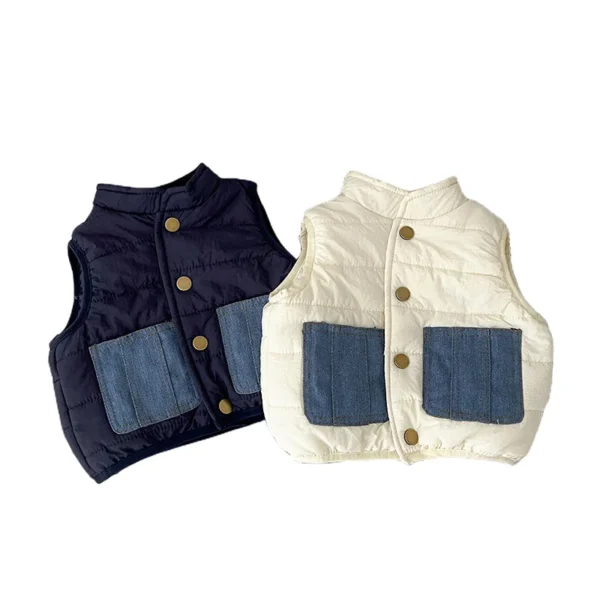 2025 Winter New Baby Sleeveless Warm Vest Plus Velvet Thick Infant Boy Girl Padded Jacket Toddler Denim Pocket Vest Cardigan - Image 6
