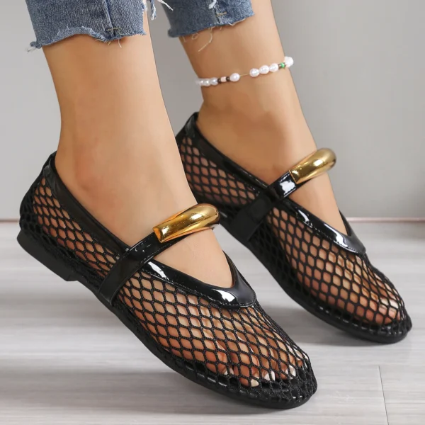 Women Mesh Ballet Flats Sandals Fishnet Ballerina Flats Buckle Strap Slip on Sandals Ballerina Round Toe Ballet Shoes for Women