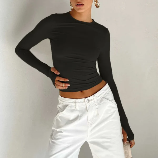 Fashion Women T-shirt Long Sleeve Crew Neck Solid Slim Fit Ladies Crop Top with Thumb Holes for Daily Streetwear Summer Camis - Image 4