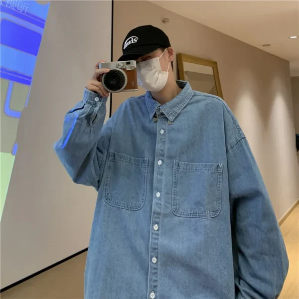 Denim long sleeved shirt men's solid color autumn Korean version trendy simple shirt Hong Kong style loose jacket - Image 4