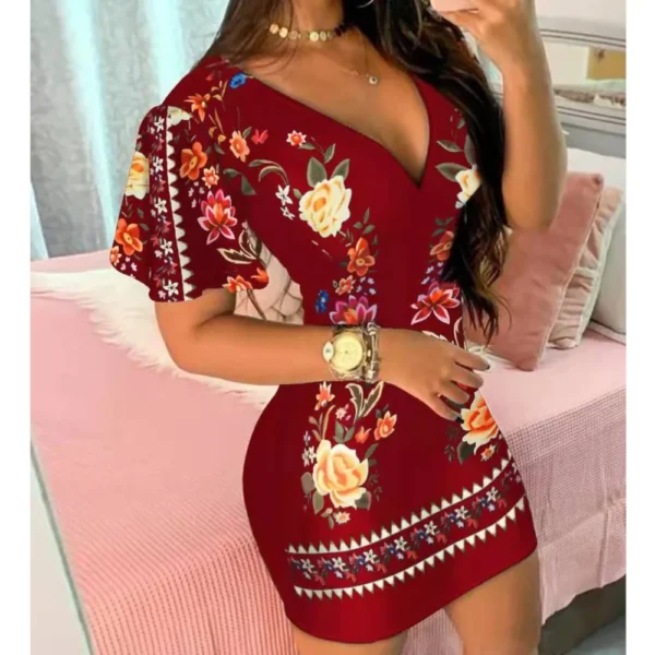 Summer Elegant Floral Print Bodycon Mini Dress Women 2025 Fashion Sexy Deep V-neck Package Hip Dresess Office Lady Party Dress - Image 2