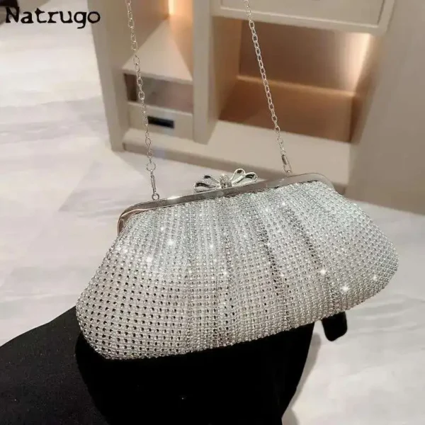 Silver Shiny Women Party Clutch Bow Buckle Luxury Evening Bags Prom Wedding Dinner Handbags With Chain Rhinestones 2024 New - Image 3