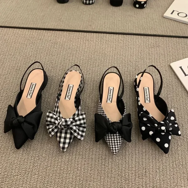 Summer Women's Pumps Fashion Shallow Bowknot Slingbacks Pumps Black and White Plaid Polka Dots Heels Slip-on Low Heels Sandals - Image 6